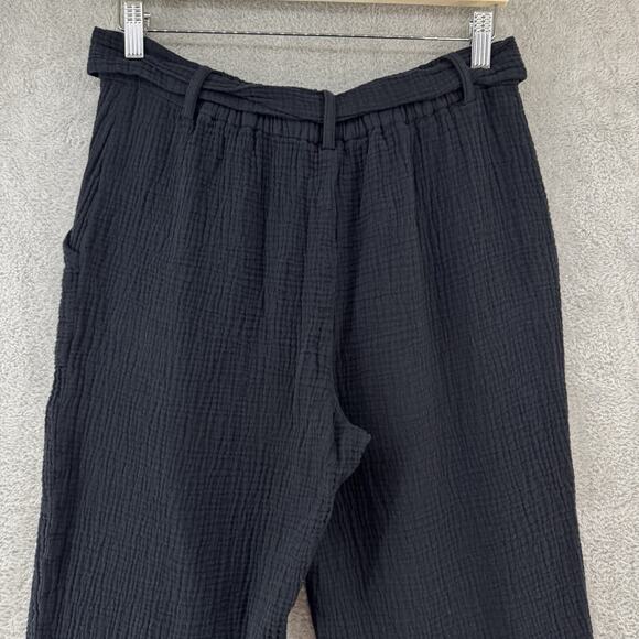 Magaschino Pants M Black Textured Organic Cotton Pockets Elastic Hem Cropped Tie - Picture 7 of 14